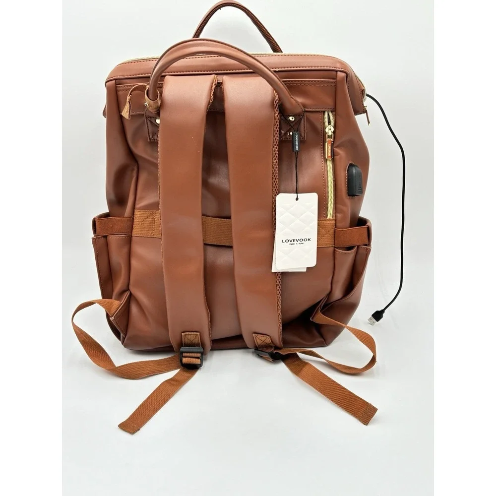 LOVEVOOK Brown Faux Leather Laptop Backpack USB Work Travel‎ Bag Multi Pocket